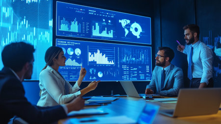 Business people working together in modern office with double exposure of financial graph and world...