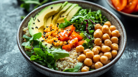 Healthy Buddha bowl with quinoa, chickpeas, avocado, tomatoes and arugula