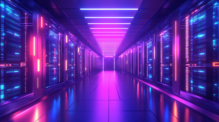 Futuristic server room with neon lights. 3D Rendering