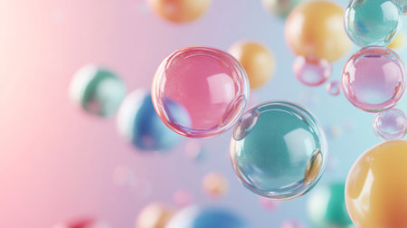 3d rendering of colorful balls floating in the air on a blue background