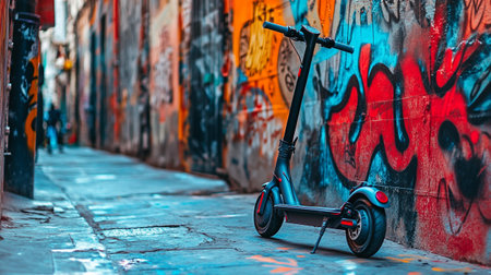 Modern electric scooter in the city on the background of a colorful graffiti wallの写真素材