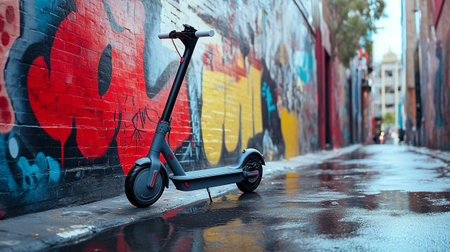 Electric scooter in the city on the background of a painted wallの写真素材
