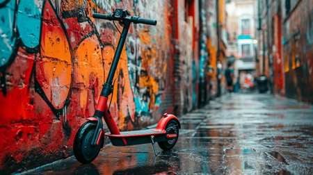 Modern electric scooter in the rain on the background of an old brick wallの写真素材
