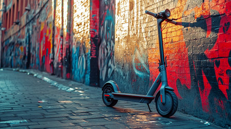 Modern electric scooter parked in front of a wall covered with graffitiの写真素材