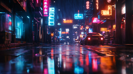 Rainy night in the city. Street with neon signs and lights.の写真素材