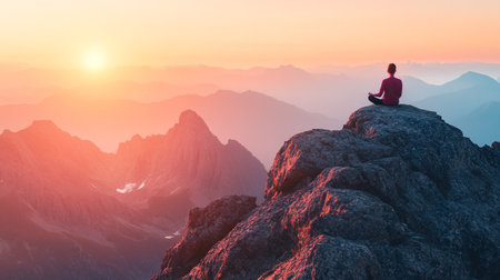 Man meditating on the top of a mountain at sunset. Concept of healthy lifestyle.