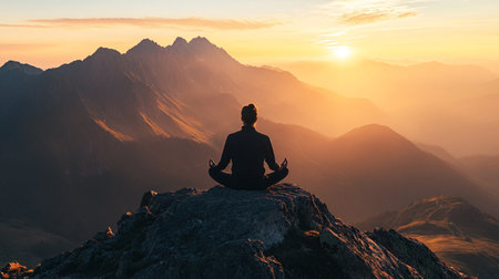 Yoga woman meditating in lotus position on top of a mountain at sunset