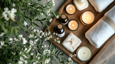 Spa and wellness setting with candles, towels and flowers on wooden tray