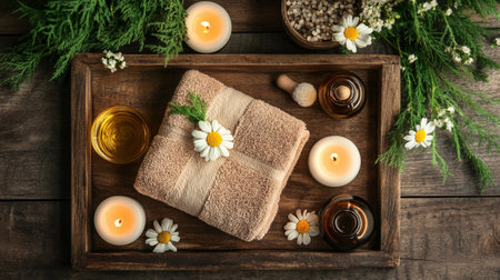 Spa still life with chamomile flowers and towels on wooden background