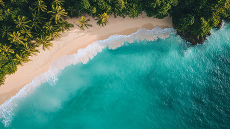 Aerial view of beautiful tropical beach and sea with coconut palm tree