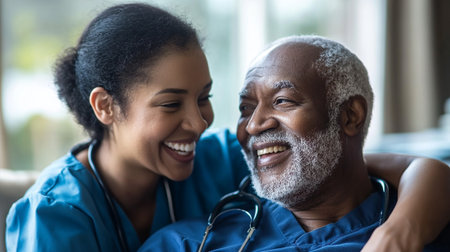 Portrait of smiling nurse looking at senior patient in nursing home. African american man lying on couch with stethoscope. Medicine and healthcare conceptの写真素材