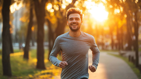 Portrait of a happy young man running in the park at sunset