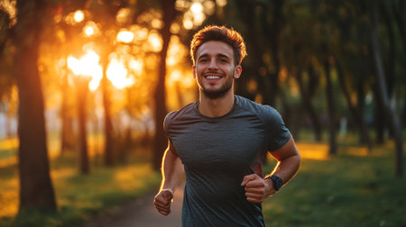 Portrait of a young man running in the park at sunset.の写真素材