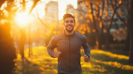 Sporty young man jogging in the park at sunset. Sport and healthy lifestyle concept.の写真素材