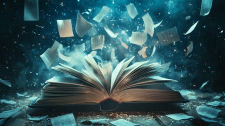 Open book with flying pages on dark toned background. Halloween conceptの写真素材