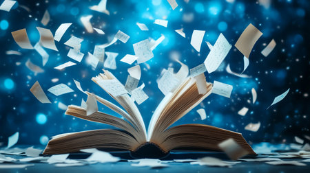 Opened book with flying sheets of paper on bokeh background