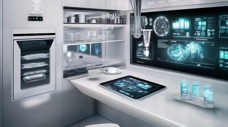 3d rendering medical equipment in modern laboratory with a digital tablet.の写真素材