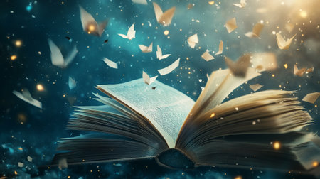 Open book with flying paper butterflies on dark background. Fantasy and education concept