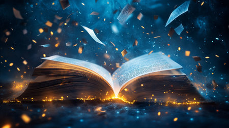 Magic book with flying sheets of paper and lights on the background.