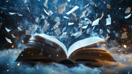 Opened book with flying sheets of paper against night sky with stars