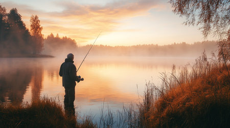 Fisherman with fishing rod on the lake at sunrise in autumn