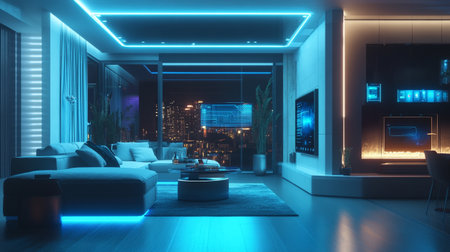3d render of interior of modern living room in night time.の写真素材