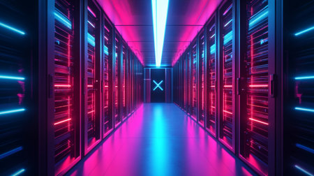 Server room data center hallway with neon lights. 3D Rendering