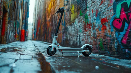 Electric scooter in front of graffiti wall.の写真素材