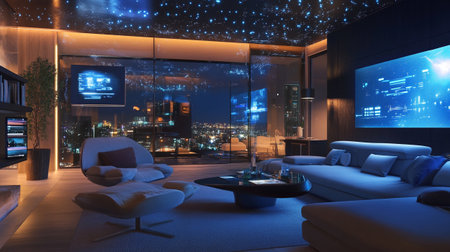 3d rendering of modern living room with tv and city view.