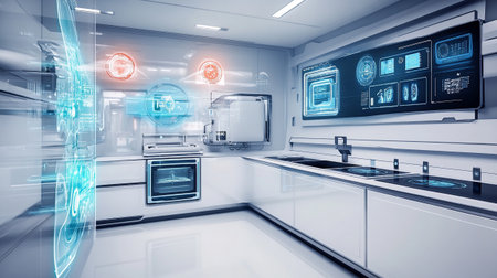 3d rendering medical equipment in modern operating room with virtual screen interfaceの写真素材