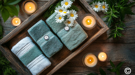 Spa still life with towels, candles and flowers on wooden background