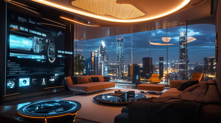 Interior of a modern luxury hotel with night view of the city