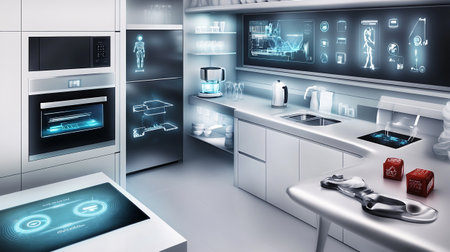 3d rendering of a modern kitchen with appliances and stylish decorの写真素材