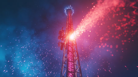 Telecommunications tower with fireworks at night. 3d rendering illustration.の写真素材