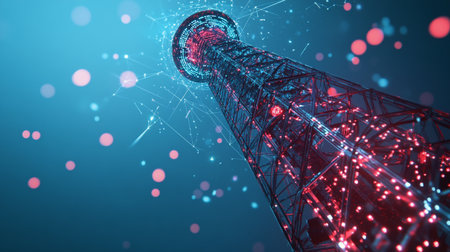 3D rendering of Tokyo tower in red and blue tones. Technology and communication concept.