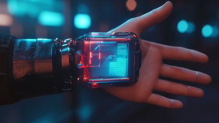 Close up of female hand holding a digital wrist watch with red light.