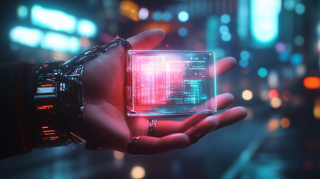 Close up of hand holding smartwatch against night city lights. 3D rendering