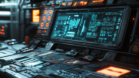 Interior view of a control panel in a spaceship. 3D rendering