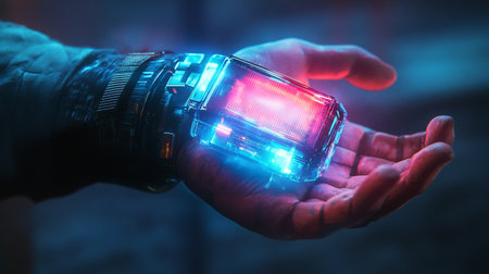 close up of a photographer holding a blue flash light in his hand