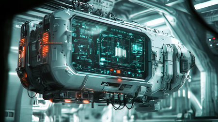 Futuristic spaceship interior with control panel. 3d rendering toned image