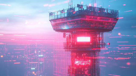 3D rendering of a control tower in the evening with lights.