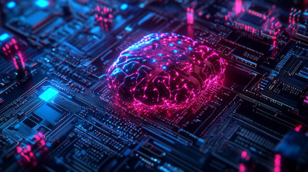 3D illustration of human brain on circuit board. Artificial intelligence concept