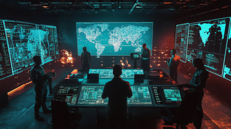 Silhouette of a group of people in front of a big monitor with a world map