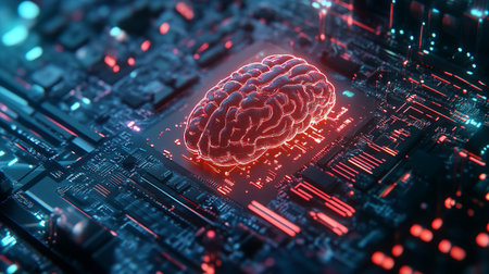 3D render of human brain on computer circuit board background. Artificial intelligence concept
