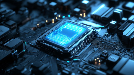 Close-up view of a modern GPU card circuit 3D rendering