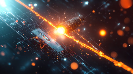 Futuristic spaceship flying over circuit board. 3D Rendering