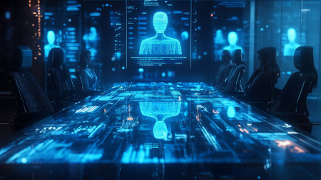 3D rendering of a group of people working on a virtual screen