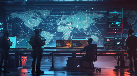 Silhouette of a team on the background of a world map
