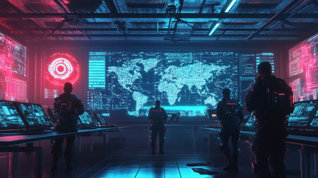 Group of security guards in surveillance room at night. Concept of security and protection