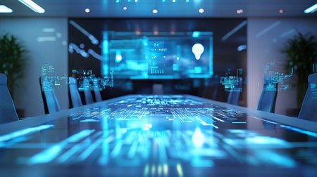 Modern conference room interior with digital interface. 3d rendering toned image double exposure